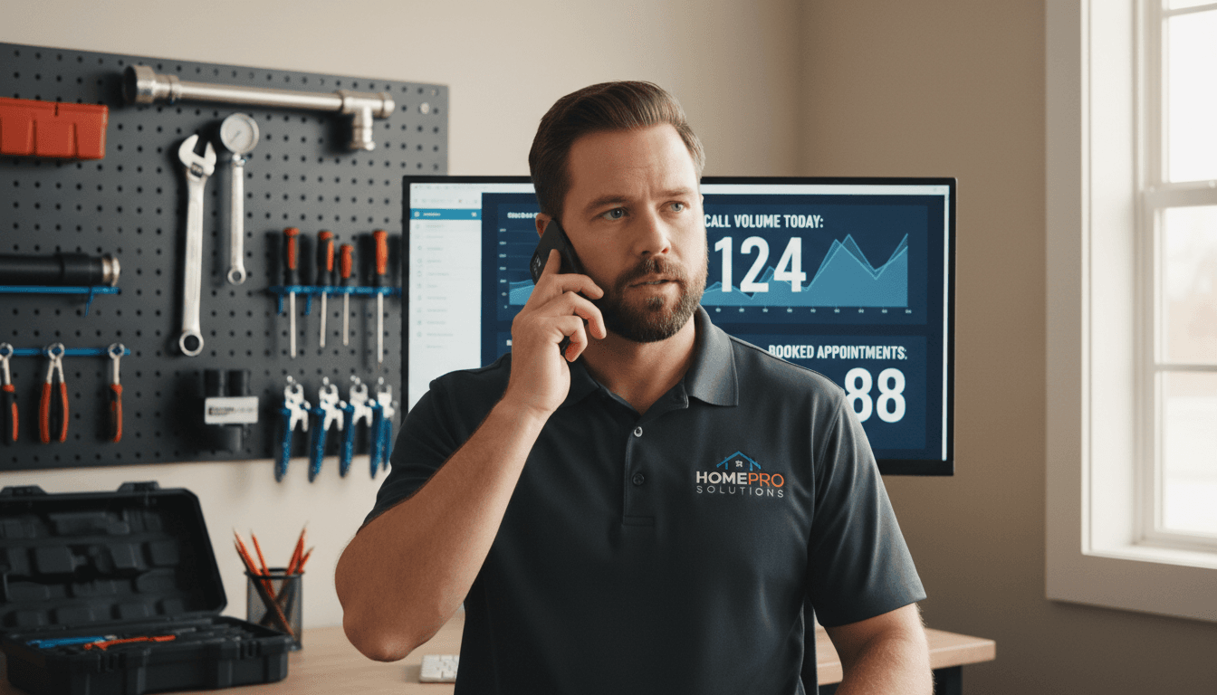 Home service contractor on phone in an organized office setting