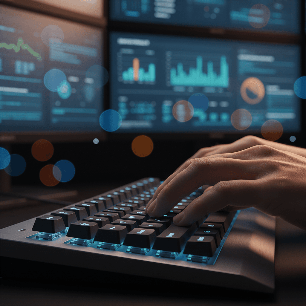 SEO specialist's hands typing on backlit mechanical keyboard with blurred analytics dashboard monitors behind