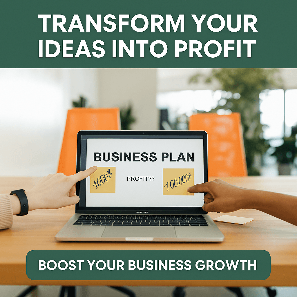 Hands pointing at a laptop business plan with text about transforming ideas into profit.